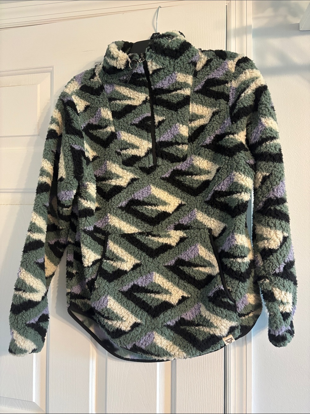 Plush Geometric Sherpa Half-Zip Turtleneck Sweater - Green